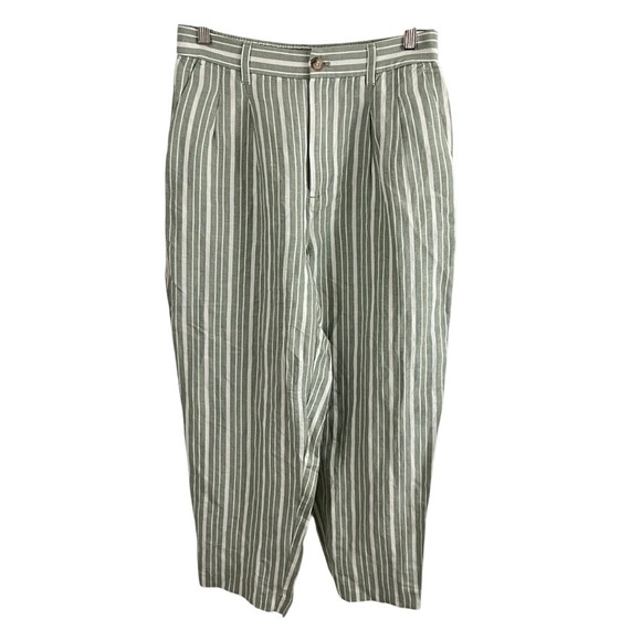 Madewell Pants - Madewell Striped Tapered Pants Women 6 Green White Linen Blend Pleated No Belt